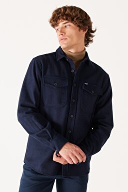 Loose Fit Geniş Kesim Lacivert Uzun Kollu Gömlek - Navy-W232137410 (görsel 2)