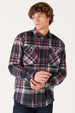 Relaxed Fit Geniş Kesim Ekoseli Şardonlu Kırmızı Uzun Kollu Gömlek - Anthracite-W232138003
