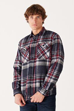 Relaxed Fit Geniş Kesim Ekoseli Şardonlu Kırmızı Uzun Kollu Gömlek - Anthracite-W232138003 (görsel 2)