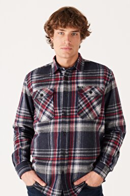 Relaxed Fit Geniş Kesim Ekoseli Şardonlu Kırmızı Uzun Kollu Gömlek - Anthracite-W232138003 (görsel 3)