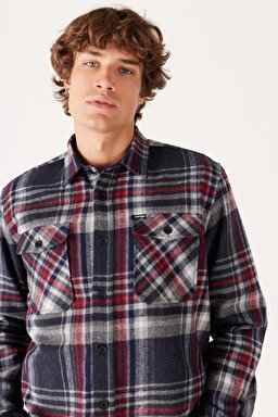 Relaxed Fit Geniş Kesim Ekoseli Şardonlu Kırmızı Uzun Kollu Gömlek - Anthracite-W232138003 (görsel 4)