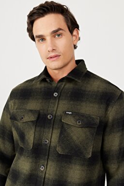 Loose Fit Rahat Kesim Haki Siyah Uzun Kollu Gömlek - Khaki-W232144801 (görsel 3)
