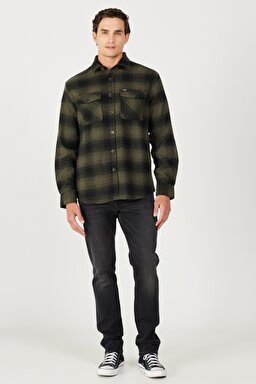 Loose Fit Rahat Kesim Haki Siyah Uzun Kollu Gömlek - Khaki-W232144801 (görsel 4)