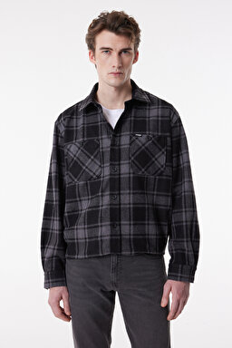 Loose Fit Rahat Kesim Ekoseli Şardonlu Gri Uzun Kollu Gömlek - Black-W232145001