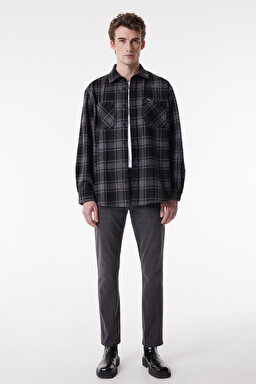 Loose Fit Rahat Kesim Ekoseli Şardonlu Gri Uzun Kollu Gömlek - Black-W232145001 (görsel 6)