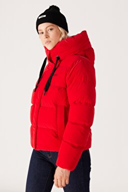 Loose Fit Rahat Kesim Dik Yaka Kapüşonlu Kırmızı Şişme Mont - Red-W232170600 (görsel 3)