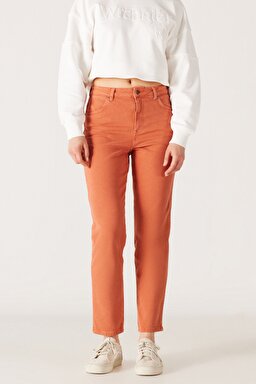 Mom Straight Fit Düz Kesim Yüksek Bel Turuncu Esnek Pantolon - Light Brown-W232182219