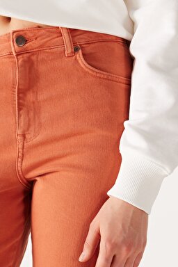 Mom Straight Fit Düz Kesim Yüksek Bel Turuncu Esnek Pantolon - Light Brown-W232182219 (görsel 4)