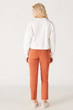 Mom Straight Fit Düz Kesim Yüksek Bel Turuncu Esnek Pantolon - Light Brown-W232182219 (görsel 6)