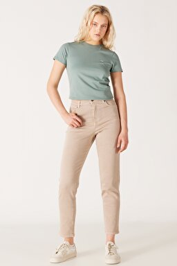 Mom Fit Yüksek Bel Dar Paça Bej Esnek Pantolon - Beige-W232182614 (görsel 2)