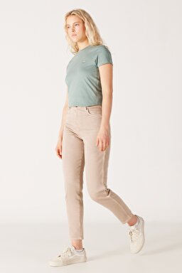 Mom Fit Yüksek Bel Dar Paça Bej Esnek Pantolon - Beige-W232182614 (görsel 5)