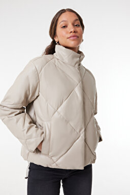 Loose Fit Rahat Kesim Dik Yaka Bej Suni Deri Ceket - Beige-W232205614