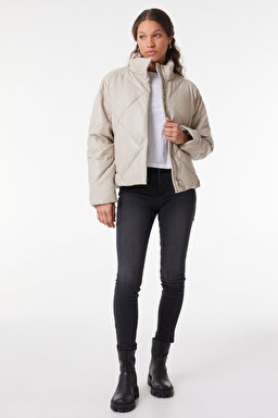 Loose Fit Rahat Kesim Dik Yaka Bej Suni Deri Ceket - Beige-W232205614 (görsel 4)