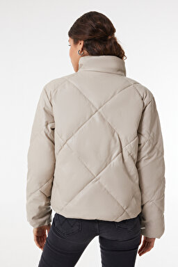 Loose Fit Rahat Kesim Dik Yaka Bej Suni Deri Ceket - Beige-W232205614 (görsel 6)