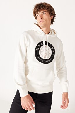 Regular Fit Normal Kesim Kapüşonlu İçi Polarlı Kırık Beyaz Sweatshirt - Off White-W232239102