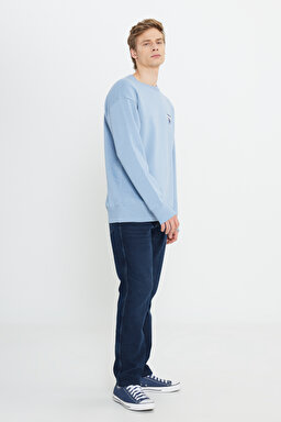 Oversize Fit Geniş Kesim Bisiklet Yaka Şardonlu Açık Mavi Sweatshirt - Light Blue-W232243404 (görsel 4)
