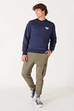 Loose Fit Rahat Kesim Bisiklet Yaka Sırt Baskılı Şardonlu Lacivert Sweatshirt - Indigo-W232244315 (görsel 6)