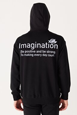 Loose Fit Rahat Kesim Kapüşonlu Sırt Baskılı İçi Polarlı Siyah Sweatshirt - Black-W232246001