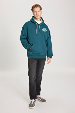 Loose Fit Rahat Kesim Kapüşonlu İçi Polarlı Yeşil Sweatshirt - Dark Green-W232246826 (görsel 3)