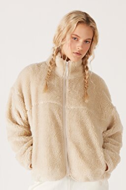 Oversize Fit Geniş Kesim Dik Yaka Tam Fermuarlı Ekru Sherpa Ceket - Off White-W232253102 (görsel 2)