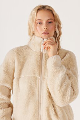 Oversize Fit Geniş Kesim Dik Yaka Tam Fermuarlı Ekru Sherpa Ceket - Off White-W232253102 (görsel 3)