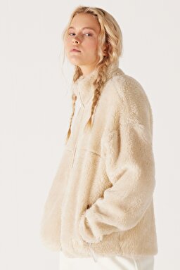 Oversize Fit Geniş Kesim Dik Yaka Tam Fermuarlı Ekru Sherpa Ceket - Off White-W232253102 (görsel 4)