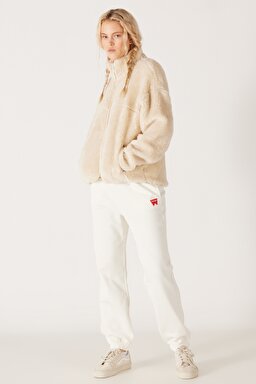 Oversize Fit Geniş Kesim Dik Yaka Tam Fermuarlı Ekru Sherpa Ceket - Off White-W232253102 (görsel 5)