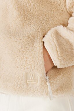 Oversize Fit Geniş Kesim Dik Yaka Tam Fermuarlı Ekru Sherpa Ceket - Off White-W232253102 (görsel 7)