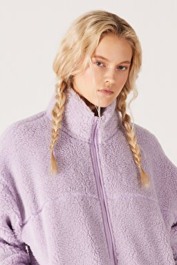 Oversize Fit Geniş Kesim Dik Yaka Tam Fermuarlı Lila Sherpa Ceket - Lilac-W232253505 (görsel 3)