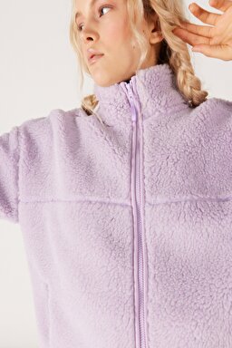 Oversize Fit Geniş Kesim Dik Yaka Tam Fermuarlı Lila Sherpa Ceket - Lilac-W232253505 (görsel 4)