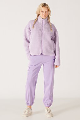 Oversize Fit Geniş Kesim Dik Yaka Tam Fermuarlı Lila Sherpa Ceket - Lilac-W232253505 (görsel 5)
