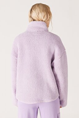 Oversize Fit Geniş Kesim Dik Yaka Tam Fermuarlı Lila Sherpa Ceket - Lilac-W232253505 (görsel 6)