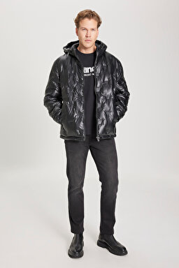 Regular Fit Normal Kesim Kapüşonlu Siyah Şişme Mont - Black-W232274001 (görsel 5)