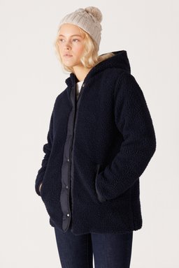 Loose Fit Rahat Kesim Kapüşonlu Kapitone Çift Taraflı Sherpa Lacivert Mont - Navy-W232275410 (görsel 6)