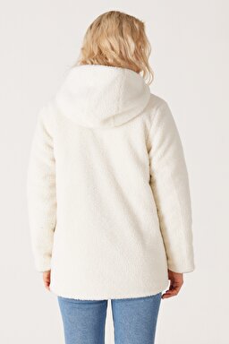 Loose Fit Rahat Kesim Kapüşonlu Çift Taraflı Sherpa Bej Mont - Beige-W232275614 (görsel 8)