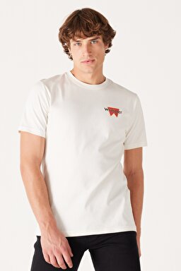 Regular Fit Normal Kesim %100 Pamuk Bisiklet Yaka Sırt Baskılı Kırık Beyaz Tişört - Off White-W232285102 (görsel 2)