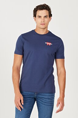 Regular Fit Normal Kesim %100 Pamuk Bisiklet Yaka Sırt Baskılı Lacivert Tişört - Indigo-W232285315 (görsel 3)