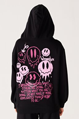 Oversize Bol Kesim Kapüşonlu Sırt Baskılı Siyah Sweatshirt - Black-W232296001