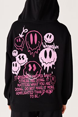 Oversize Bol Kesim Kapüşonlu Sırt Baskılı Siyah Sweatshirt - Black-W232296001 (görsel 2)