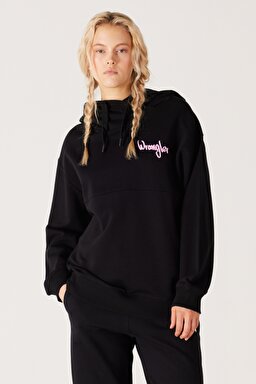 Oversize Bol Kesim Kapüşonlu Sırt Baskılı Siyah Sweatshirt - Black-W232296001 (görsel 3)