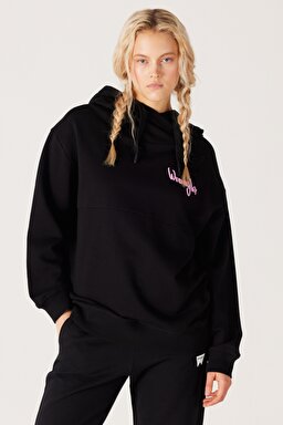 Oversize Bol Kesim Kapüşonlu Sırt Baskılı Siyah Sweatshirt - Black-W232296001 (görsel 4)