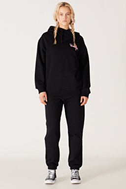 Oversize Bol Kesim Kapüşonlu Sırt Baskılı Siyah Sweatshirt - Black-W232296001 (görsel 6)