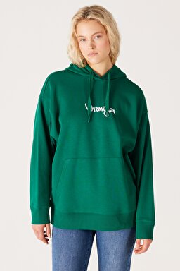 Oversize Bol Kesim Kapüşonlu Sırt Baskılı Yeşil Sweatshirt - Khaki-W232299801