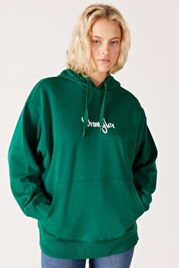 Oversize Bol Kesim Kapüşonlu Sırt Baskılı Yeşil Sweatshirt - Khaki-W232299801 (görsel 2)