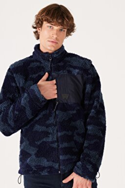 Loose Fit Rahat Kesim Dik Yaka Tam Fermuarlı Lacivert Sherpa Ceket - Navy-W232304410 (görsel 2)