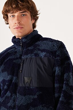 Loose Fit Rahat Kesim Dik Yaka Tam Fermuarlı Lacivert Sherpa Ceket - Navy-W232304410 (görsel 3)