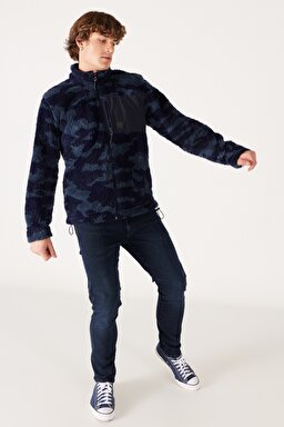 Loose Fit Rahat Kesim Dik Yaka Tam Fermuarlı Lacivert Sherpa Ceket - Navy-W232304410 (görsel 4)