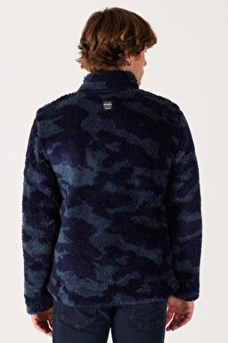 Loose Fit Rahat Kesim Dik Yaka Tam Fermuarlı Lacivert Sherpa Ceket - Navy-W232304410 (görsel 6)