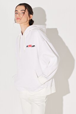 Oversize Fit Geniş Kesim Kapüşonlu İçi Polarlı Sırt Baskılı Kırık Beyaz Sweatshirt - Off White-W232307102 (görsel 4)