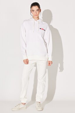 Oversize Fit Geniş Kesim Kapüşonlu İçi Polarlı Sırt Baskılı Kırık Beyaz Sweatshirt - Off White-W232307102 (görsel 6)
